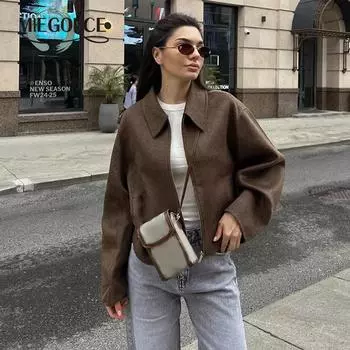 MIEGOFCE 2025 Женская смешанная мода осень с длинными рукавами и карманами на лацканах на молнии куртки короткие пальто B88780Z S серый