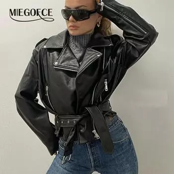 MIEGOFCE европейско-американская осенне-зимняя кожаная куртка женская в стиле панк с коротким поясом с лацканами пальто в мотоциклетном стиле SU3121