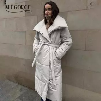 MIEGOFCE Осень-зима длинное пальто европейский и американский свободный повседневный теплый воротник-стойка парка с поясом куртка WT0041 S бежевый