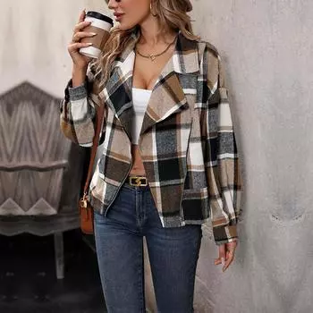 MIEGOFCE Шелковая осенне-зимняя европейская и американская клетчатая куртка-кардиган в стиле ретро с лацканами на молнии для женщин S хаки