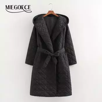 MIEGOFCE Весна Осень Женская Мягкая Стеганая Зимняя Куртка-Пуховик Длиной До Колена С Длинными Рукавами и Ремнями Утепленный Тренч Пальто M25001 S чёрный