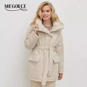 MIEGOFCE весна-осень женская однотонная куртка с длинными рукавами на пуговицах мягкая легкая утепленная куртка с поясом свободная парка WT0005 S коричневый