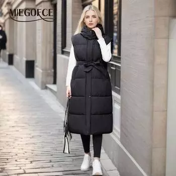 MIEGOFCE Winter Casual Sleeveless Jacket Hooded Stand-Up Collar Long Loose Women Coat Windproof Warm Vest Parka MZ-23143 M белый