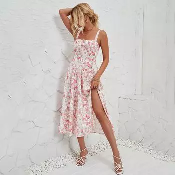 MIEGOFCE Women Boho Spaghetti Straps Split Thigh Midi Dress Tie Front Solid Floral Print Sleeveless Vintage A Line Beach Dresses S розовый