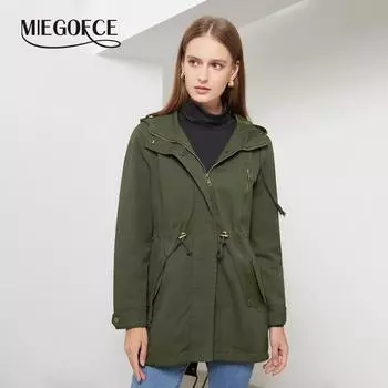 MIEGOFCE Women s Spring and Autumn European and American Loose Hooded Windbreaker Zipper Solid Color Waist Jacket F596