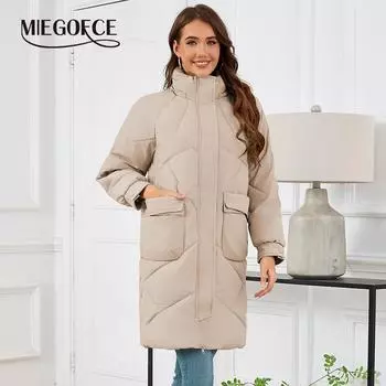 MIEGOFCE Зимняя женская утепленная куртка с капюшоном и воротником-стойкой, съемная, длиной до колена, парка-пуховик на молнии, пальто-пуховик LQ2011 S хаки