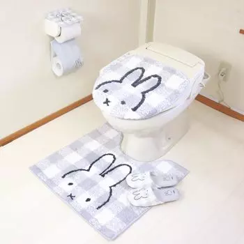 Miffy Туалетный коврик, комплект из 4 предметов, серый туалетный коврик 58 x 60 см, крышка, тапочки, держатель для бумаги, туалетные принадлежности, комплект из 4 предметов, туалетный коврик, комплект с присоской серый