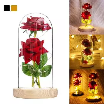 Мигающая цветная светодиодная ночная лампа с черной основой Galaxy Rose в колбе, цветок в стеклянном куполе для подарка на Рождество, свадьбу и День святого Валентина естественный