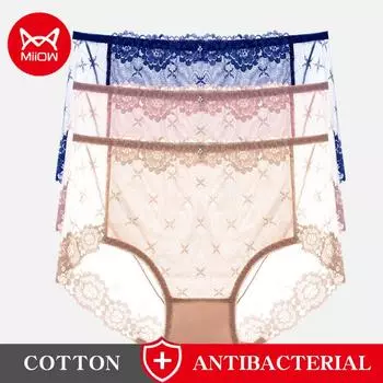 MiiOW, 3 шт., женское нижнее белье, прозрачные сексуальные кружевные трусы по бокам, дышащие, быстросохнущие, летнее тонкое нижнее белье M