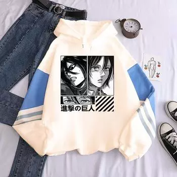 Mikasa Print Hooded Anime Attack On Titan Streetwear Men Women Patchwork Hoodies Casual Loose Pullover Harajuku Male Sweatshirt XS белый