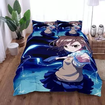 Mikoto Misaka Comics Duvet Cover Set King Queen Double Full Twin Single Size Bed Linen Set EU single(135x200cm)