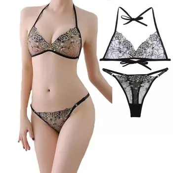 Микро бикини верх и низ комплект цветочный узор дочери сексуальный косплей бюстгальтер брюки грудь дочь одежда большой размер [Lunon] женский [прозрачный/стринги