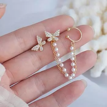 Микро-инкрустация крылья бабочки жемчужная цепочка сзади висячие уши серьги для женщин серьги-гвоздики ювелирные изделия серебряный