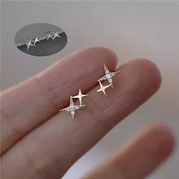 Микро инкрустированные кристаллом четырехконечные звезды, позолоченные серьги для женщин, маленькие милые украшения для банкета 8-9mm золотой