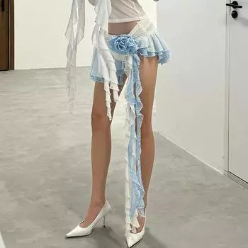 Микро-юбка с цветочным кружевом для женщин, асимметричные мини-юбки со складками и оборками, женские уличные сексуальные юбки Y2k, горячие клубные сексуальные вечерние юбки для девочек S синий