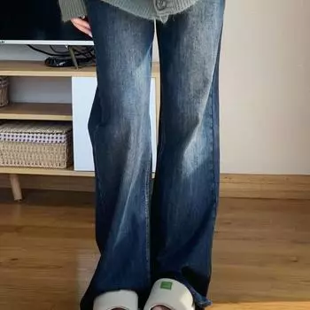 Микробрюки, осенние и зимние брюки в стиле ретро, свободные прямые широкие джинсы для женщин, длинные брюки S синий