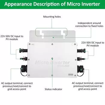 Микроинвертор WVC-600, микроинвертор с солнечной решеткой мощностью 600 Вт, водонепроницаемый IP65 MPPT, вход фотоэлектрических модулей постоянного тока 22-50 В серебряный