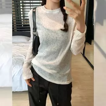 Микропрозрачная солнцезащитная футболка для женщин, летний свободный тонкий топ с круглым вырезом и длинными рукавами для женщин S