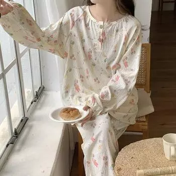 Милая элегантная женская пижама с рисунком из мультфильма с круглым вырезом, хлопковый пуловер + брюки, домашний комплект, осенне-зимняя одежда для сна M