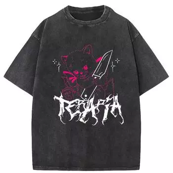 Милая аниме смешная кошка японская кавайная мужская футболка винтажная Харадзюку Y2k уличная одежда свободные топы панк готика S