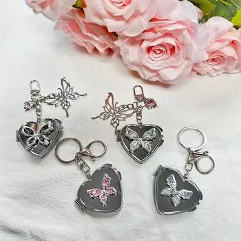 Милая бабочка в форме сердца складное зеркало брелок Y2K модный металлический брелок автомобильный держатель для ключей сумка подвеска украшение для девушки подарок