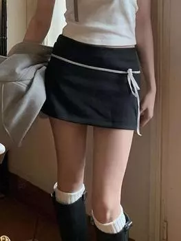 Милая базовая лоскутная бандажная юбка трапециевидной формы, повседневная тонкая мини-юбка с низкой талией, женская летняя модная уличная одежда 2024 г. M чёрный