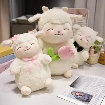 Милая белая овечка, ягненок, держащая цветок тюльпана, плюшевая кукла, мягкая плюшевая овечка с плюшевой игрушкой в виде тюльпана, милый подарок на день рождения ребенка 25cm