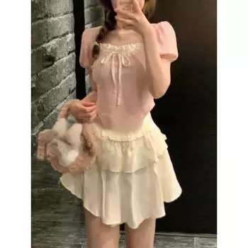 Милая блузка в стиле кавай, женская вечерняя элегантная укороченный топ Y2K, офисная женская повседневная рубашка с коротким рукавом, корейская мода, шик S розовый