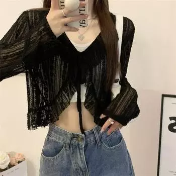 Милая блузка, женская летняя шифоновая белая кружевная кардиган с длинными рукавами, укороченные топы, черная солнцезащитная воздухопроницаемая рубашка S белый