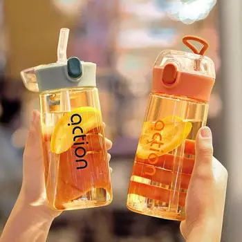 Милая бутылка для воды для девочки 450/600 мл, стакан с трубочкой, простая дорожная кружка, детская портативная чашка Kawaii, уличный спортивный питьевой чайник without stickers
