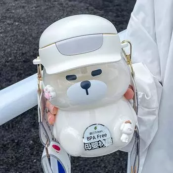 Милая бутылка для воды с медведем для детей, школьная большая емкость, тритановая пластиковая соломенная бутылка для воды с ремешком, дорожная спортивная посуда для напитков 901-1000ml