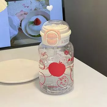 Милая бутылка для воды с соломинкой, портативная пластиковая бутылка для воды с откидной крышкой для детей, бутылка каваи, водонепроницаемая, милая бутылка для питья