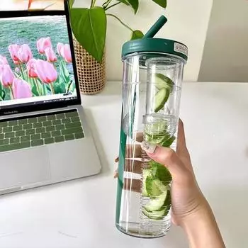 Милая бутылка для воды со складной соломинкой, бутылка для воды 700 мл, фруктовый чай, встроенный фильтр, чашка, портативная офисная посуда для напитков, уличный шейкер зелёный