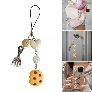 Милая цепочка для телефона в виде печенья, подвеска в виде вилки, брелок для ключей, бусина в форме сердца, брелок для телефона, акриловый брелок для сумки, украшение