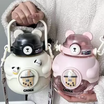 Милая чашка с медведем Kawaii, мультяшный детский стакан, спортивный стакан с трубочкой для питья, портативный чайник большой емкости, бутылка для воды объемом 1 л для девочек 1L