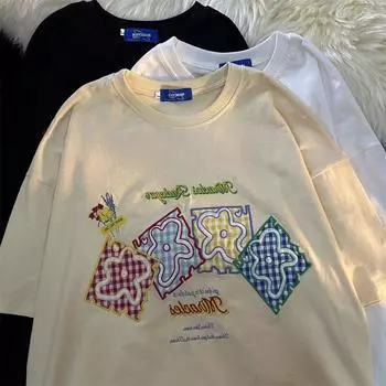 Милая цветочная шахматная сетка с принтом и круглым вырезом для женщин, ретро, чистый хлопок, модный летний тренд, удобный топ с короткими рукавами для пар, Harajuku S белый