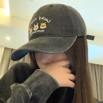Милая детская бейсболка с вышитым рисунком в японском стиле в стиле ретро, универсальная, с широкими полями, с изображением лица, маленькая, с козырьком от солнца, с мягким верхом M56-58cm черный серый