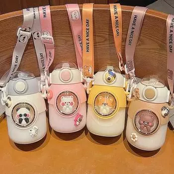 Милая детская бутылка для воды с трубочкой для девочек, различные режимы детской кавайной мультяшной студенческой чашки, герметичная дорожная посуда для питья 680ml to 820ml