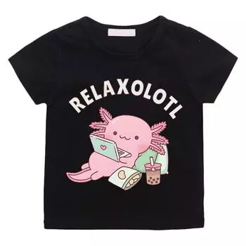 Милая детская футболка Relax A Lot Axolotl с рисунком из мультфильма, забавная каламбурная графика, одежда для мальчиков/девочек, хлопковые детские летние топы с коротким рукавом, футболки 100 чёрный