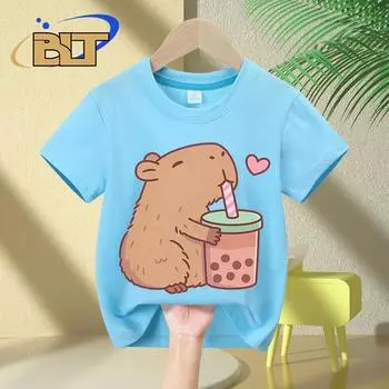 Милая детская футболка с принтом Capybara Loves Bubble Tea, летние детские повседневные топы с короткими рукавами для мальчиков и девочек, подарки 140