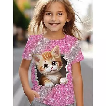 Милая детская футболка с принтом котенка, круглый вырез, короткий рукав 170