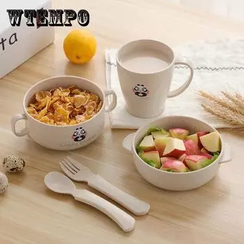 Милая детская миска из пшеничной соломы с героями мультфильмов, набор чашек, бинауральная домашняя дополнительная миска для еды, детская посуда против падения One size