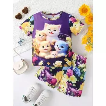 Милая детская одежда, повседневная и удобная футболка с короткими рукавами и шортами с 3D-принтом с котом и цветами на лето S