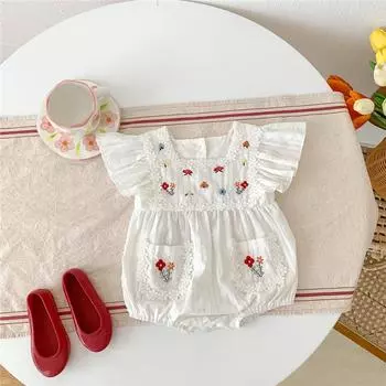 Милая детская одежда с цветочной вышивкой для детей 0-24 месяцев, хлопковый комбинезон для новорожденных девочек, летний белый комбинезон для младенцев 66