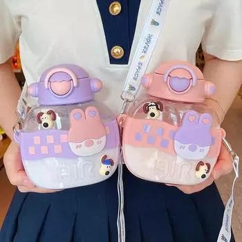 Милая детская пластиковая бутылка для воды с соломинкой для девочек, летняя школа, детский сад, посуда для напитков с большим животом, уличная дорожная чашка для воды 850ml