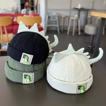 Милая детская шапка без полей с изображением динозавра, зимняя вельветовая детская шапка с дыней, 3D-мультяшная регулируемая детская шапка-бини с завязками 43-48cm(5M-2Y)