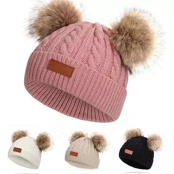 Милая детская шапка с помпоном из двойной шерсти, детская шапка, теплые осенне-зимние шапки для детей, вязаная теплая шапка для мальчиков и девочек, шапка темно-розовый