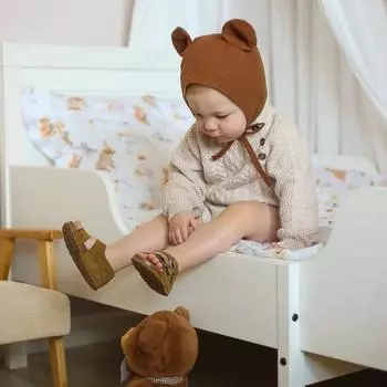 Милая детская шапка с ушками медведя, связанная вручную, теплая защита для ушей, детский шарф на шнуровке