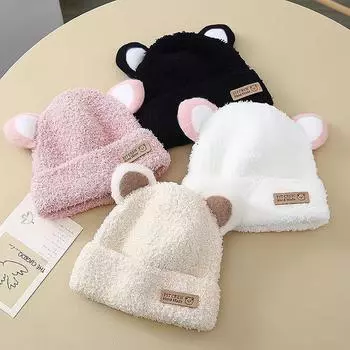 Милая детская шапочка с кошачьими ушками, однотонная плюшевая шапка для малышей, осенне-зимняя теплая шапка-пуловер для девочек и мальчиков 6-24 months