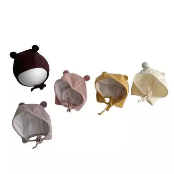 Милая детская шапочка весна осень двойной помпон тонкий хлопок 0-8 месяцев мальчики девочки новорожденный защитный колпачок для ушей Yellow